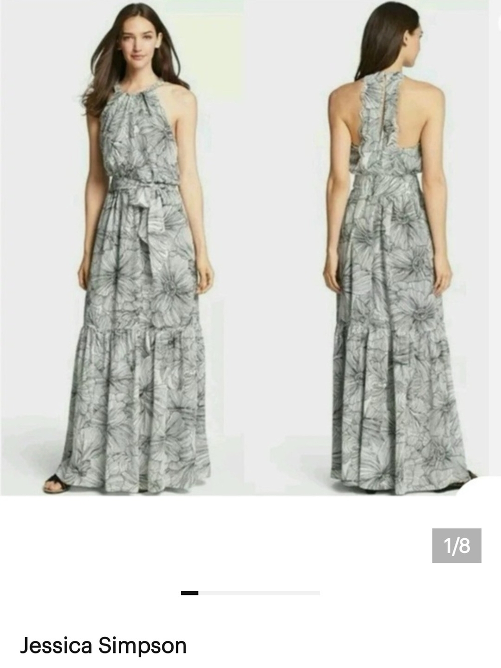 Jessica Simpson Gray Floral Halter Maxi Dress with Tie Waist
